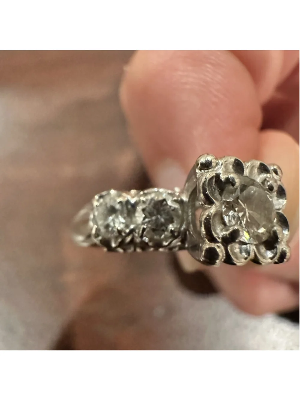 Art Deco 14K White Gold Natural 5 Diamond Cluster Ring Art Deco Flower Size 5-6